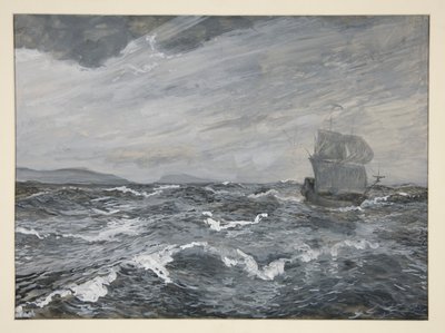 Zeegezicht met zeilboot door Edwin Austin Abbey