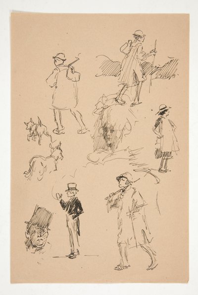 Blad met schetsen van landelijke figuren door Edwin Austin Abbey