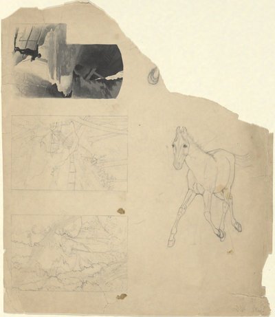 Blad met studies, drie van een waterval, één van een veulen door Edwin Austin Abbey