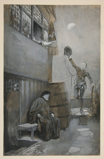 Schets voor nachtelijke ontmoeting - 3 figuren: twee mannen, één vrouw door Edwin Austin Abbey