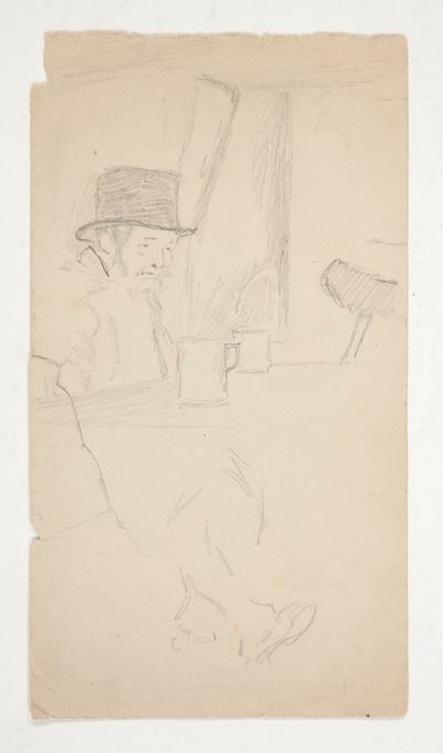 Schets van een kreupele man zittend aan tafel in een bar door Edwin Austin Abbey