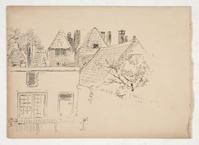 Schets van een exterieur: gebouwen en boom door Edwin Austin Abbey
