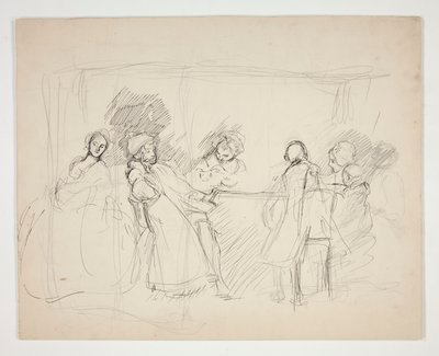 Schets van figuren rond een tafel - niet-geïdentificeerde illustratie voor een toneelstuk (?) door Edwin Austin Abbey