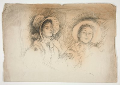 Schets van twee jonge vrouwen met hoeden (onbekende modellen) door Edwin Austin Abbey