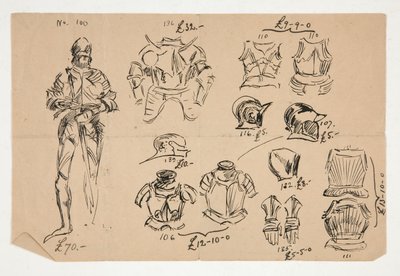 Schetsen van harnassen, met prijzen in Britse ponden onder elk item door Edwin Austin Abbey