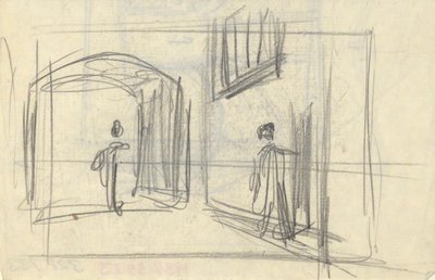 Straatscène met figuren (recto); Architecturale studie (verso) door Edwin Austin Abbey