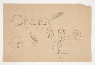 Studies van hoofden en figuren aan beide zijden van de pagina door Edwin Austin Abbey