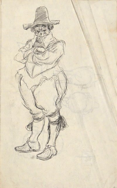 Studie van een man in XVIIe eeuwse Nederlandse kostuum - onbekend. Studies op de keerzijde door Edwin Austin Abbey