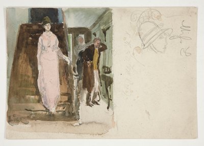 Studie van een Interieur: Koppel Bereidt zich voor om te Vertrekken voor de Avond door Edwin Austin Abbey