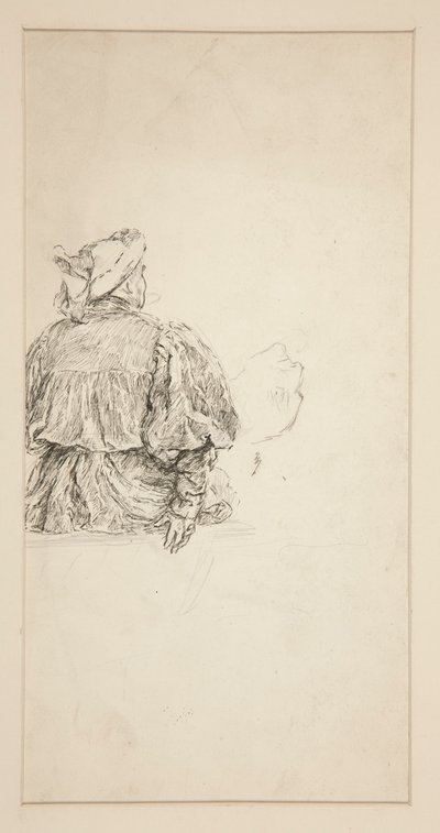 Studie van de rug van een zittende man in XV eeuws kostuum, voor een Shakespeare scène door Edwin Austin Abbey