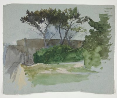 Studie van landschap met bomen en stenen muur door Edwin Austin Abbey