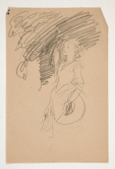 Studie van een vrouw in XVIII eeuws kostuum die haar hoed vasthoudt door Edwin Austin Abbey