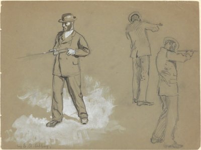 Drie schetsen van een man met een geweer (recto); Figurenstudies en portret van A. S. Wina (?) (verso) door Edwin Austin Abbey