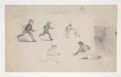 Drie studies (mannen met paarden, studie van hoofd) (recto); Zes studies van rennende figuren, studie van een klokkentoren (verso) door Edwin Austin Abbey