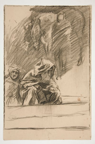 Drie figuren en paarden: studie voor door Edwin Austin Abbey