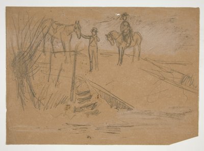 Twee mannen en twee paarden in een landschap - niet-geïdentificeerde illustratie door Edwin Austin Abbey