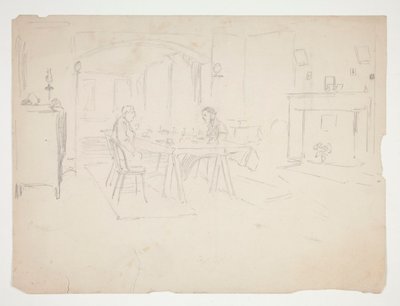 Twee mannen aan tafel in een interieur door Edwin Austin Abbey