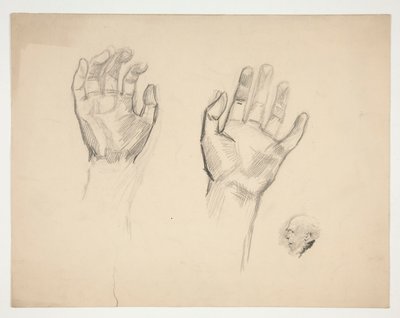 Twee schetsen: schets van twee handen; schets van een oude man in profiel door Edwin Austin Abbey