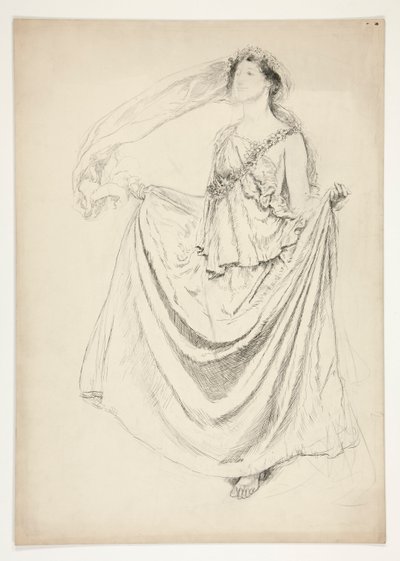 Vrouw in toga met slingers, schets voor een ongeïdentificeerd Shakespeare-stuk door Edwin Austin Abbey