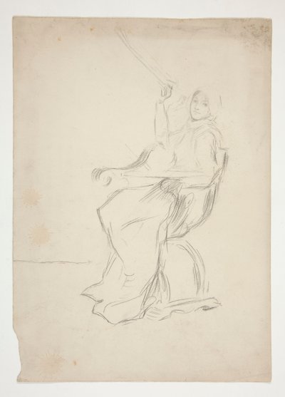 Zittende vrouw in stoel (recto); Twee niet-geïdentificeerde architecturale schetsen (verso) door Edwin Austin Abbey