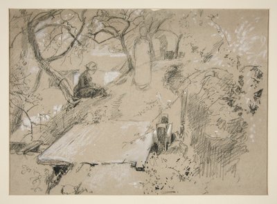 Zittende Vrouw op een Bank in een Tuin of Openbaar Park - Ongeïdentificeerde Illustratie door Edwin Austin Abbey