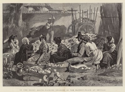 In het Zonnige Zuiden, sinaasappels inpakken op de Markt in Sevilla door Edwin Buckman