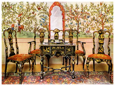 Zwarte lak bank, stoelen en tafel en rode lak spiegel, 1910 door Edwin Foley