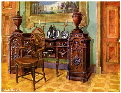 Gesneden mahoniehouten sokkelbuffet en ovale wielrug meesterstoel, 1911-1912 door Edwin Foley