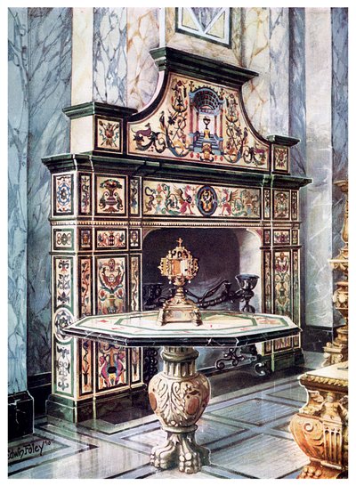 Schouw en tafel in gekleurde Florentijnse mozaïek, 1910 door Edwin Foley