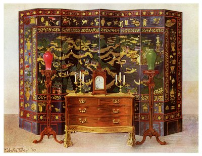 Gebogen commode tafel en Chinese gelakte achtvoudige scherm, 1911-1912 door Edwin Foley