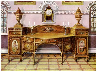 Geschilderd en ingelegd satijnenhouten dressoir en mahoniehouten wandklok, 1911-1912 door Edwin Foley