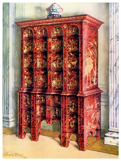 Rood en verguld lak dubbele ladekast, 1910 door Edwin Foley
