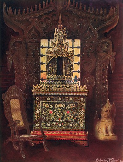 Aziatisch meubilair uit de collectie van Lord Curzon van Kedleston, G.C.S.I., D.C.L., enz. Birmaanse gesneden en vergulde deur uit Mandalay. Boeddhistisch manuscriptdoos (Poongyi) en schrijn (Sadaik) van hout door Edwin John Foley