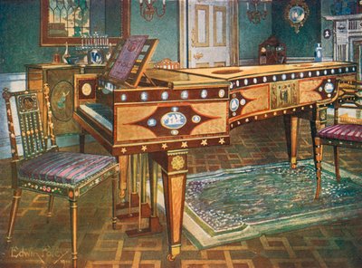 Laat 18e-eeuws Decoratief Meubilair. Satijnhout en Mahonie Ingelegd Pianoforte, met Wedgwood Plaques, Ormolu Mounts, Paneel en Sterren, Aangeboden door Manuel Godoy aan de Koningin van Spanje in 1796. door Edwin John Foley