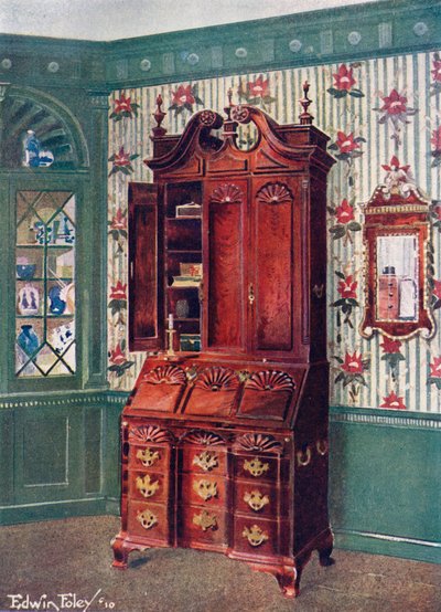 Mahoniehouten Kabinet-Topped Blok-Front Scrutoir. Mahoniehouten en Vergulde Spiegel door Edwin John Foley