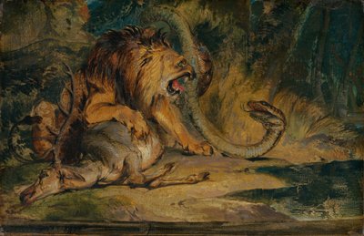Leeuw verdedigt zijn prooi, ca. 1840 (olieverf op papier op doek) door Edwin Landseer