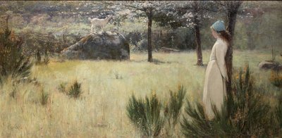 De Jonge Herderin en Haar Geit in een Lentepasture door Edwin Sherwood Calvert