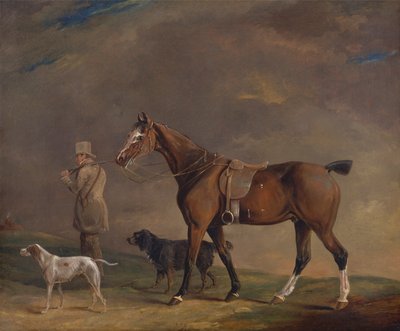 Een jager met schietpony en jachthonden door Edwin W. Cooper of Beccles