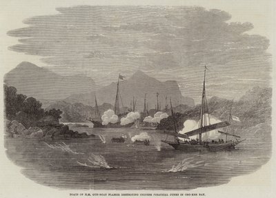 Boten van HM kanonneerboot Flamer vernietigen Chinese piratenjonken in Cho-Kee Bay door Edwin Weedon