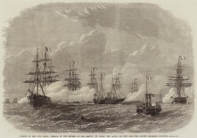 Opening van het Suezkanaal, Aankomst van de Keizerin van Frankrijk, aan boord van de Aigle, in Port Said, het Britse Eskader groetend door Edwin Weedon