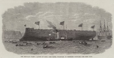 Onze gepantserde vloot, tewaterlating van HMS Lord Clyde, stoomram, in Pembroke Dockyard door Edwin Weedon