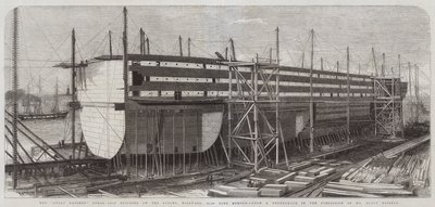 De bouw van het stoomschip Great Eastern op de stocks, Millwall, 22.500 ton door Edwin Weedon
