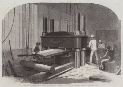 De nieuwe ijzeren vloot, bepantseringsplaten buigen door hydraulische druk in Chatham Dockyard door Edwin Weedon