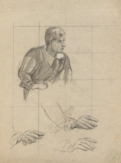 Zittende Man en Studie van Handen, schets voor Ondertekening van het Verdrag in de Hut van de Mayflower door Edwin White