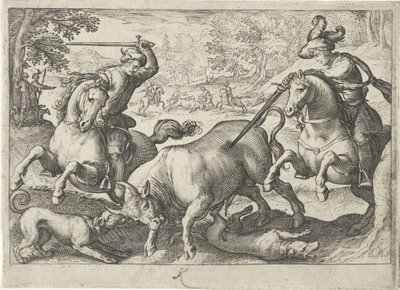 Landschap met jacht op stieren door Egbert Jansz.