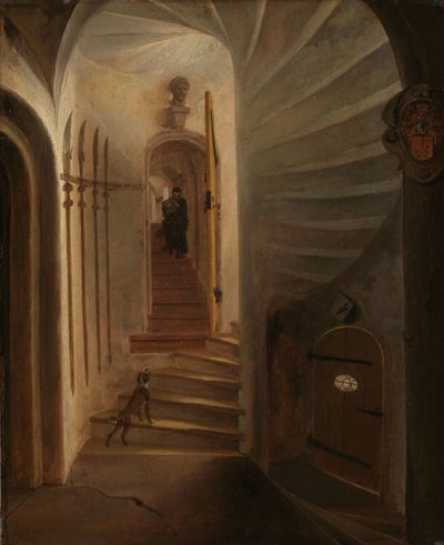 Portaal van een traptoren, met een man die de trap afdaalt: vermoedelijk het moment voor de moord op Willem de Zwijger in het Prinsenhof, Delft door Egbert Lievensz. van der Poel (attributed to)