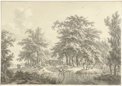 Boomrijk landschap met enkele groepjes figuren door Egbert van Drielst