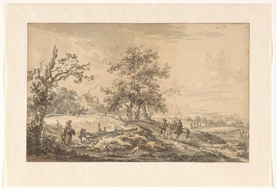 Vrouw met kind en man met ezel in landschap door Egbert van Drielst