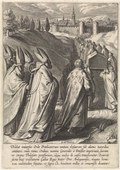 Doodskist van Thomas van Aquino wordt naar de Dominicaanse kerk van Toulouse gebracht Het leven van de heilige Thomas van Aquino (series title) door Egbert van Panderen