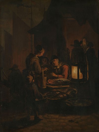 Vismarkt bij nacht door Egbert van der Poel
